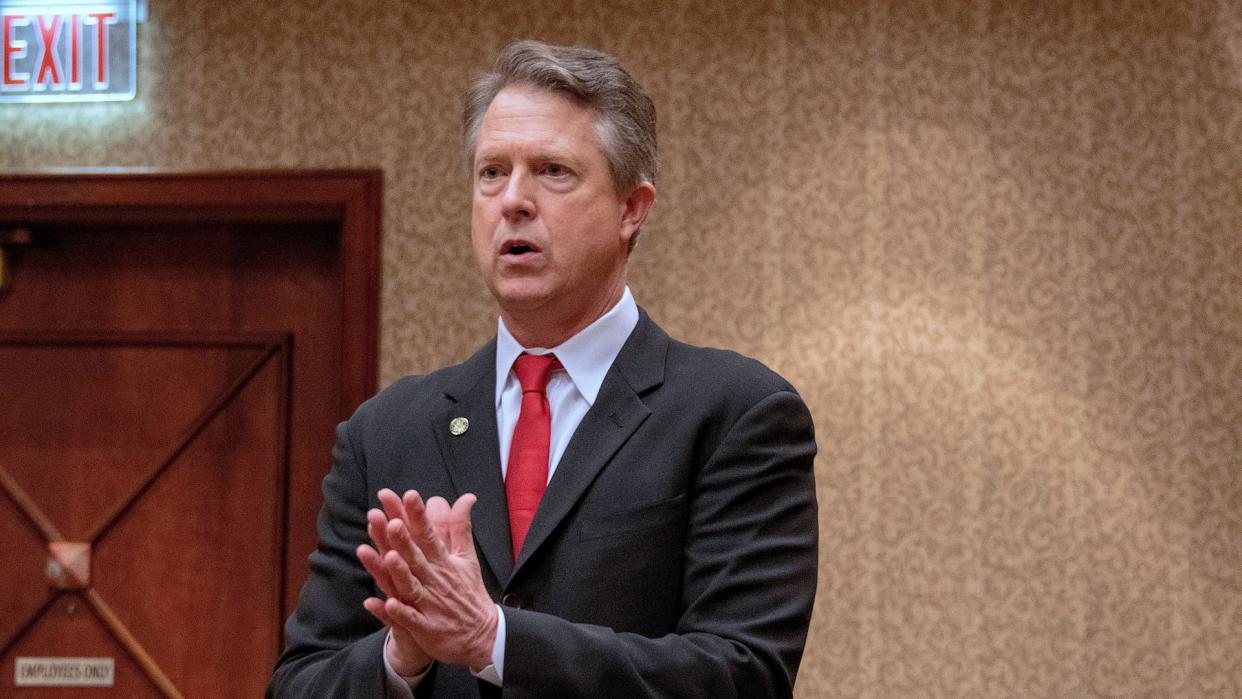 Mandatory Credit: Photo by Mark Reinstein/Shutterstock (10122209ae)Congressman Roger Marshall (R-KS) speaking to his constituents from the 1st district at the annual GOP conventionGOP Convention, Topeka, Kansas, USA - 16 Feb 2019.