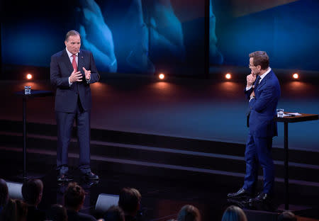 Ulf Kristersson, leader of the Moderate Party and Stefan Lofven, leader of the Social Democratic Party during a party duel broadcast by Sweden's tv-channel TV4 from Linkoping, Sweden September 8, 2018. TT News Agency/Anders Wiklund/via REUTERS