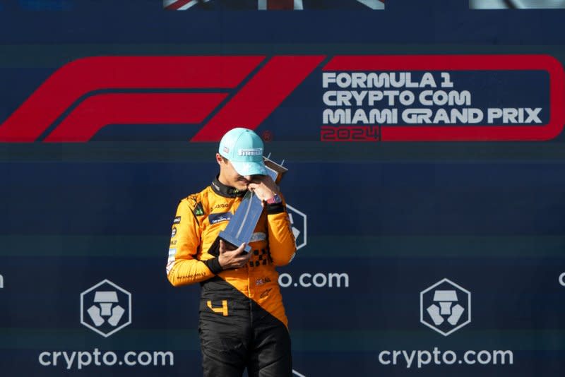 British Formula 1 driver Lando Norris of McLaren hugs his trophy after winning the Miami Grand Prix on Sunday at the Miami International Autodrome in Miami Gardens, Fla. Photo by Greg Nash/UPI