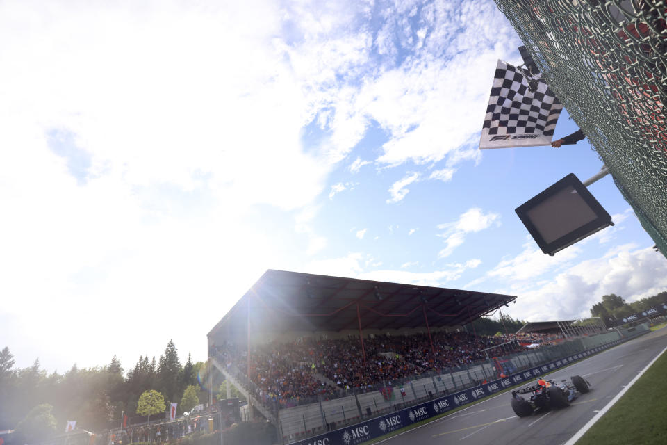 Red Bull driver Max Verstappen of the Netherlands receives the checkered flag as he crosses the finish line to win the sprint race ahead of the Formula One Grand Prix at the Spa-Francorchamps racetrack in Spa, Belgium, Saturday, July 29, 2023. The Belgian Formula One Grand Prix will take place on Sunday. (Kenzo Tribouillard, Pool Photo via AP)
