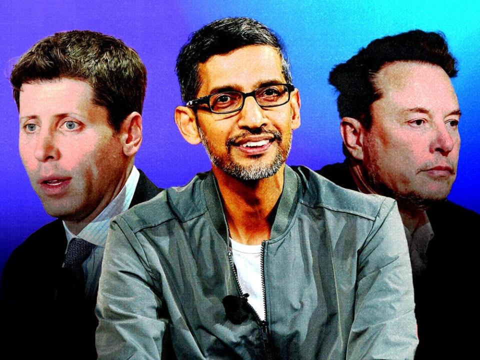 Sam Altman (left); Sundar Pichai (center); Elon Musk (right).