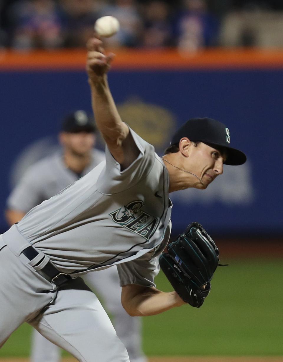 Rye's George Kirby pitching for the Seattle Mariners against the Mets at Citi Field May 14, 2022. 