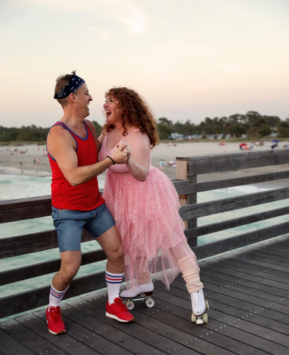 Joey Panek and Caitlin Ellis star in the Venice Theatre’s production of “Xanadu” based on the 1980 movie flop that starred Olivia Newton-John and featured a hit soundtrack.