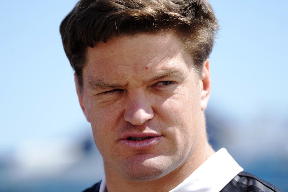 New Zealand skipper Scott Barrett speaks to the media in Sydney, Friday, Sept. 20, 2024, ahead of their rugby union test match against Australia, Saturday. (AP Photo/Rick Rycroft)