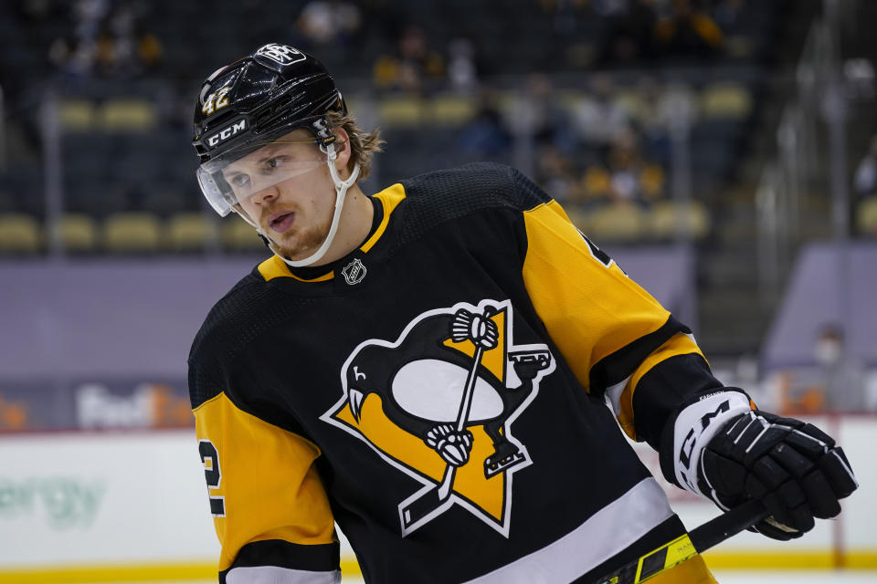 PITTSBURGH, PA - MARCH 07: Pittsburgh Penguins Right Wing Kasperi Kapanen (42) looks on during the third period in the NHL game between the Pittsburgh Penguins and the New York Rangers on March 7, 2021, at PPG Paints Arena in Pittsburgh, PA. (Photo by Jeanine Leech/Icon Sportswire via Getty Images)