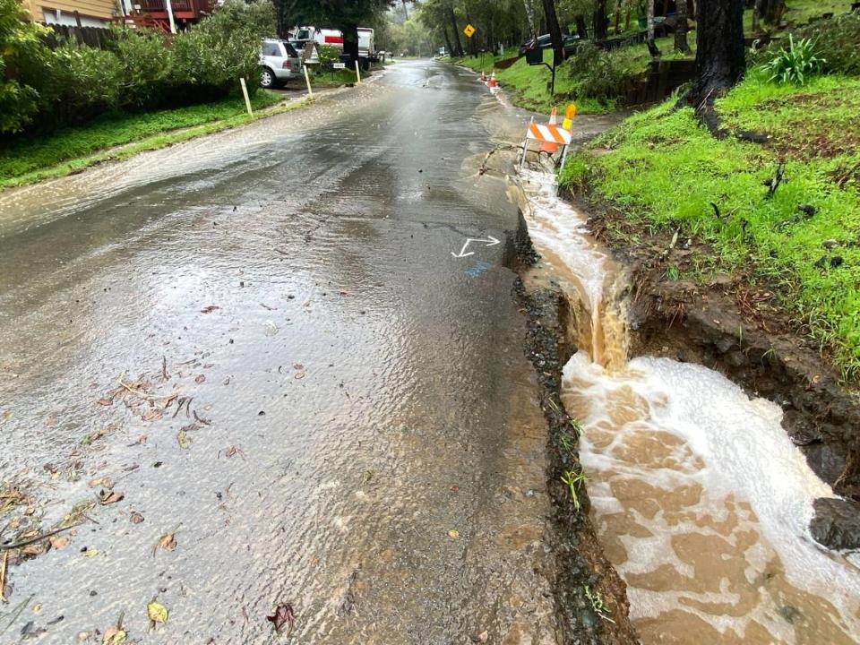 Water on both sides of Burton at Ardath Drive in Cambria after a winter storm on March 10, 2023.