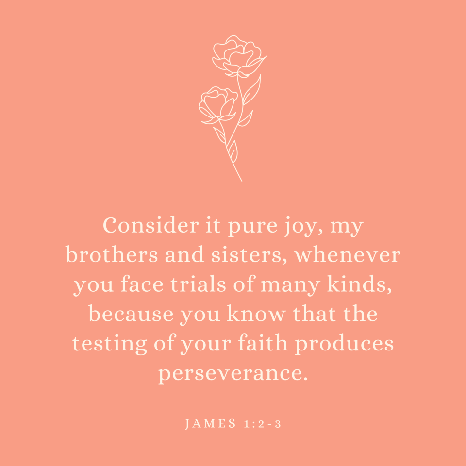 James 1:2-3 Consider it pure joy, my brothers and sisters, whenever you face trials of many kinds, because you know that the testing of your faith produces perseverance.