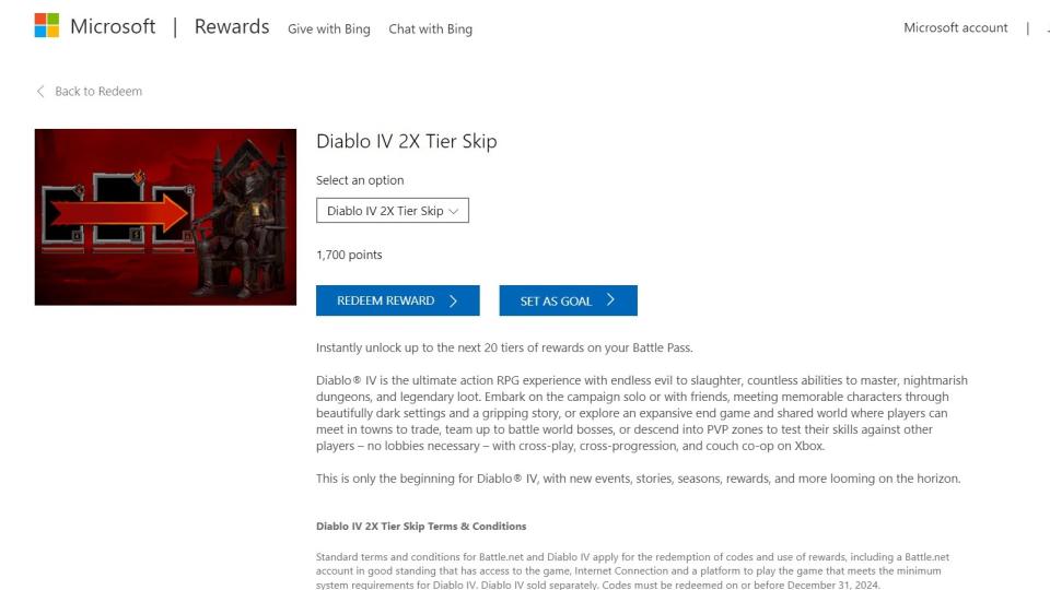 Diablo 4 rewards on Microsoft Rewards