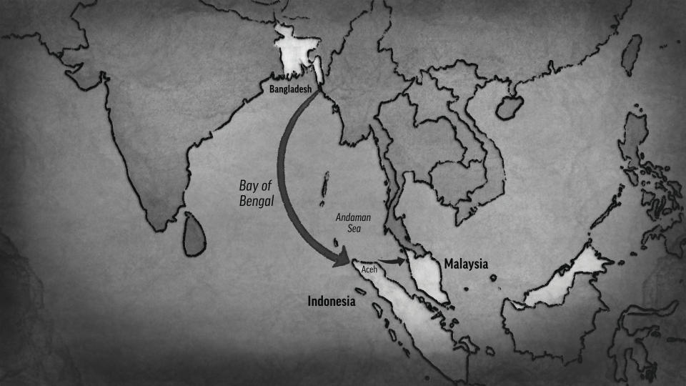 An illustrated map showing a general boat route taken by Rohingya refugees from Bangladesh to Malaysia. (AP Illustration)