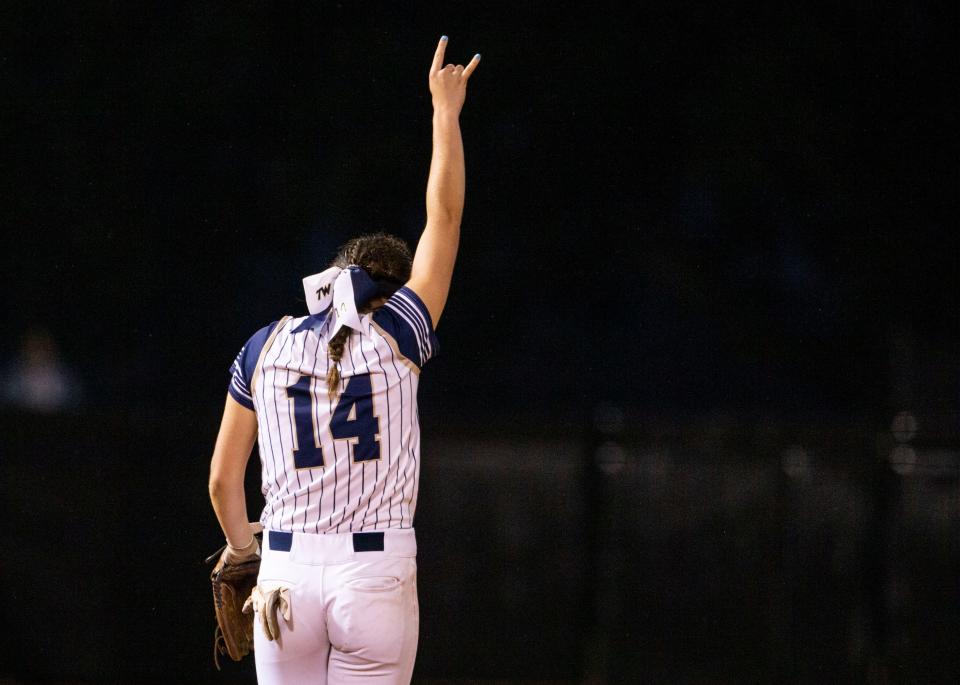 McKenna Hagemier celebrates the second out of an inning during the Saint Joseph vs. Tri-West Hendricks state championship softball game Friday, June 10, 2022, at Bittinger Stadium in West Lafayette.