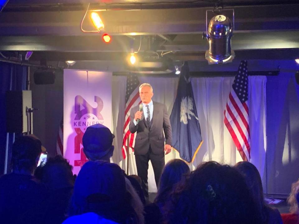 Independent presidential candidate Robert Kennedy Jr. address a crowd at an event at Runway 728 in Columbia, S.C. on Tuesday, Nov. 14, 2023.