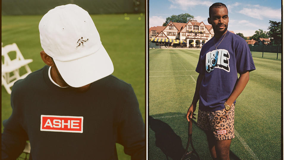 Pieces from Ashe’s debut collection, including an emblem based on the player’s signature backhand. - Credit: Ashe