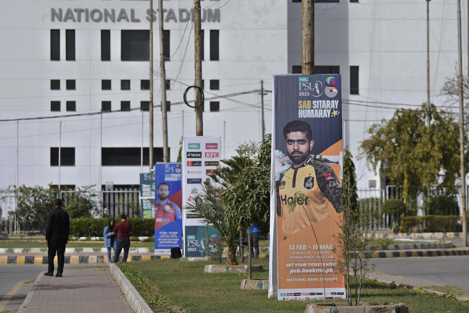 Big posters with the portraits of various cricketers are displayed outside the National Stadium for upcoming Pakistan Super League, in Karachi, Pakistan, Saturday, Feb. 11, 2023. Karachi will host the first leg of nine matches of Pakistan Super League Twenty20 cricket tournament, beginning from Monday. (AP Photo/Fareed Khan)