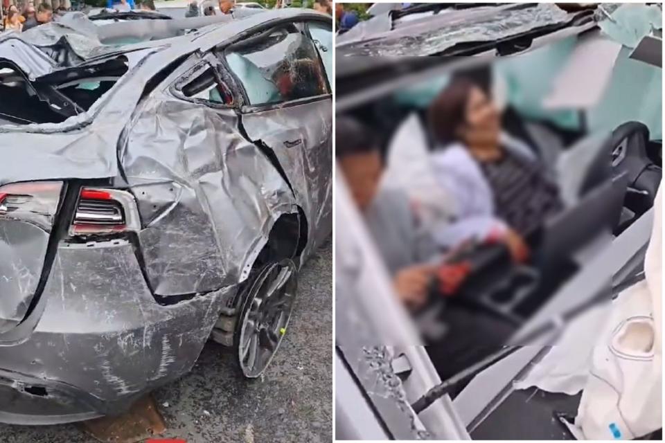 中國特斯拉「空中連續翻滾」驚悚影片曝光！砸爛多輛車，車主與女伴結局更驚人。（翻自微博）
