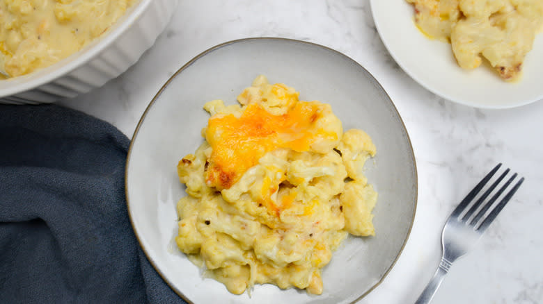 roasted cauliflower mac and cheese on plate