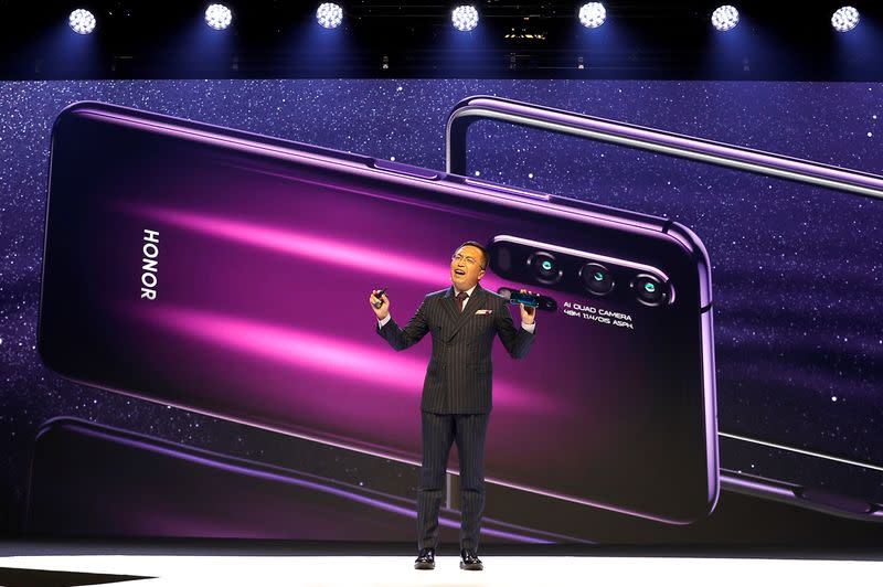 FILE PHOTO: President of Huawei's Honor brand, George Zhao, launches the Honor 20 range of smartphones at an event in London