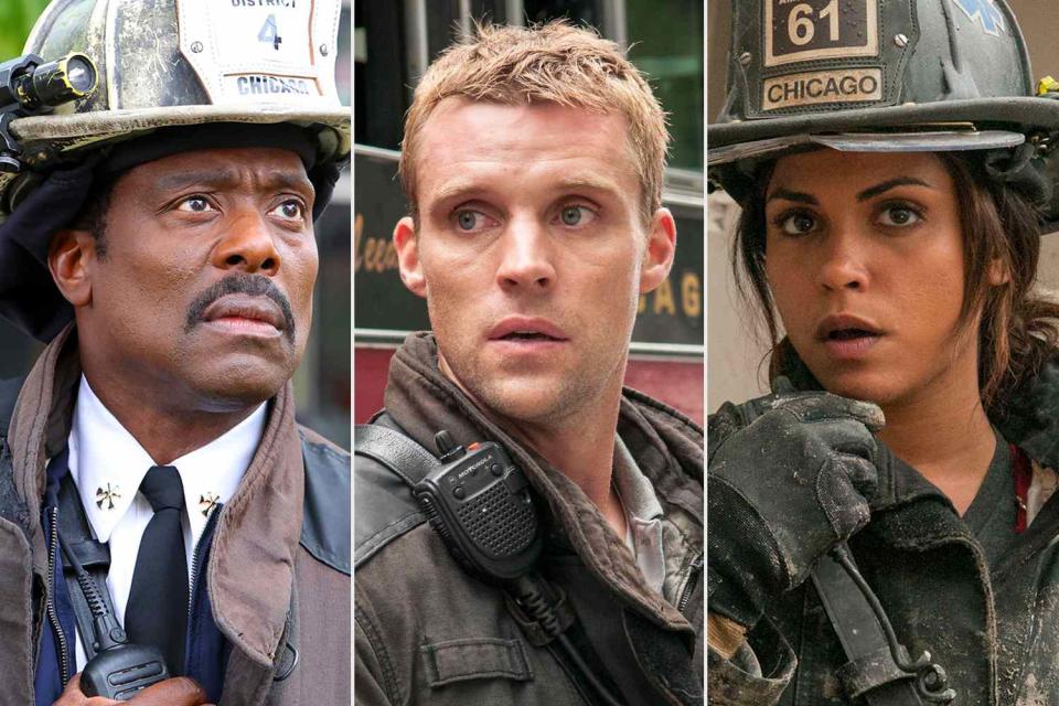 <p>Adrian Burrows Sr/NBC/NBCU Photo Bank via Getty; Matt Dinerstein/NBCU Photo Bank/NBCUniversal via Getty (2) </p> From left: Eamonn Walker, Jesse Spencer and Monica Raymund on Chicago Fire