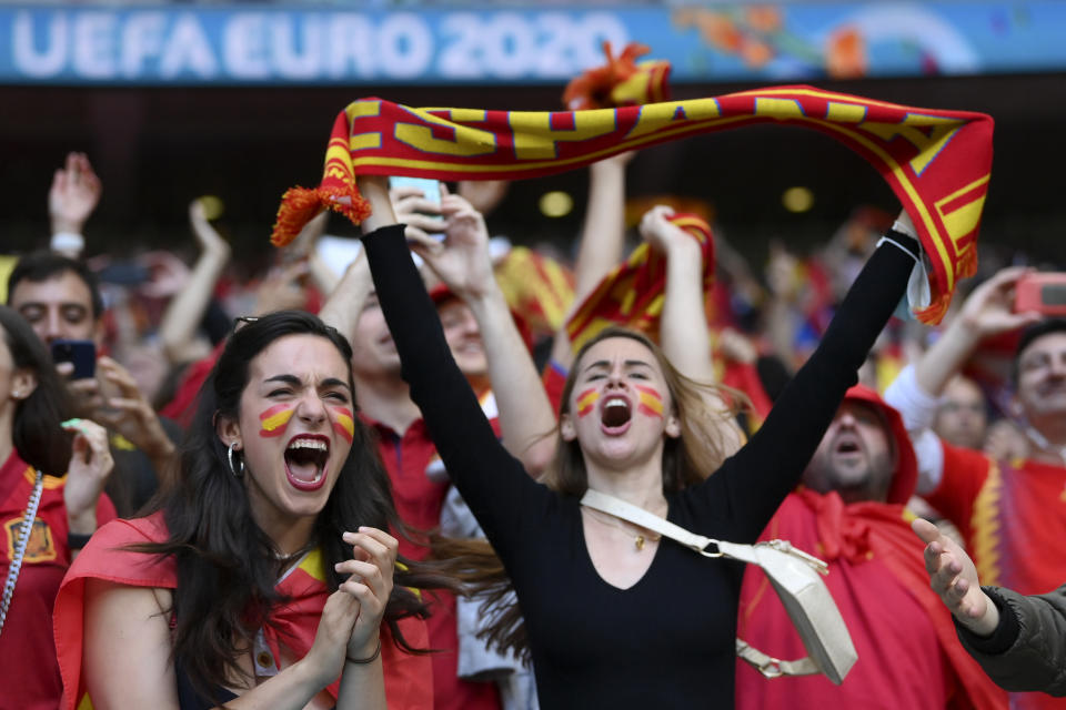 Spain team fans cheer prior to the Euro 2020 soccer semifinal match between Italy and Spain at Wembley stadium in London, Tuesday, July 6, 2021. (Laurence Griffiths, Pool via AP)