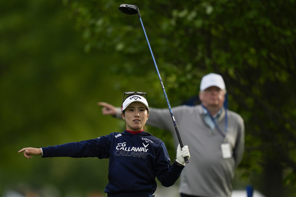 Yuna Nishimura, of Japan, gestures after hitting off the second tee during the first round of the LPGA Cognizant Founders Cup golf tournament, Thursday, May 9, 2024, in Clifton, N.J. (AP Photo/Seth Wenig)