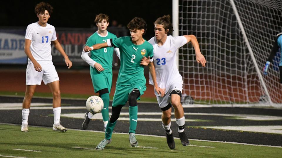 Thousand Oaks High's Kevin Parker (left) tries to fend off Agoura's Johnny Leko during the Lancers' 1-0 win in a Marmonte League showdown at Thousand Oaks on Tuesday, Jan. 30, 2024. Thousand Oaks clinched the league championship.