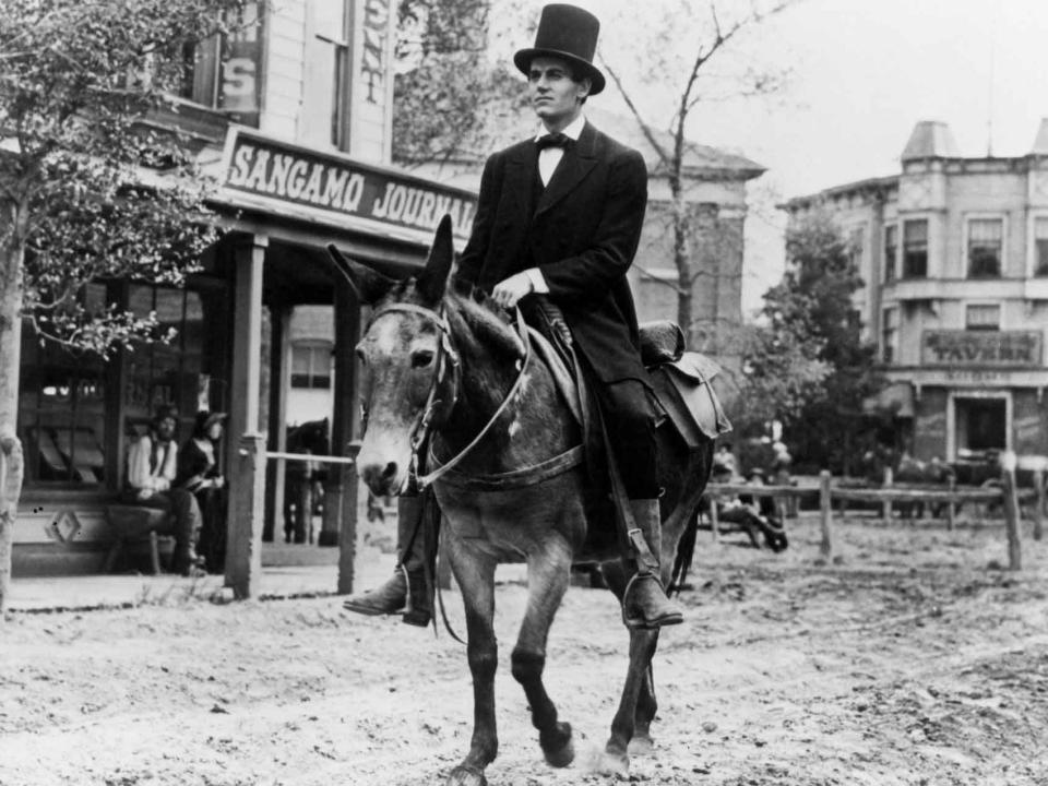 Henry Fonda rides a horse while portraying Abraham Lincoln in "Young Mr. Lincoln."