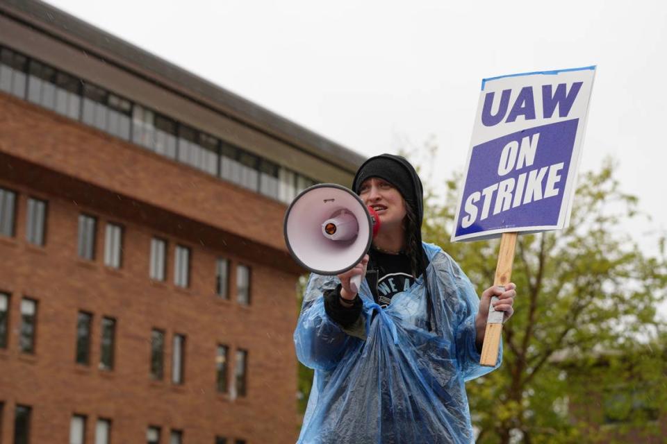 Lexy Aydelotte speaks to hundreds of Western Washington University Educational Student Employees who walked out of their jobs on Tuesday, May 21, 2024, to strike in a unionized effort to negotiate a contract with the University administration.