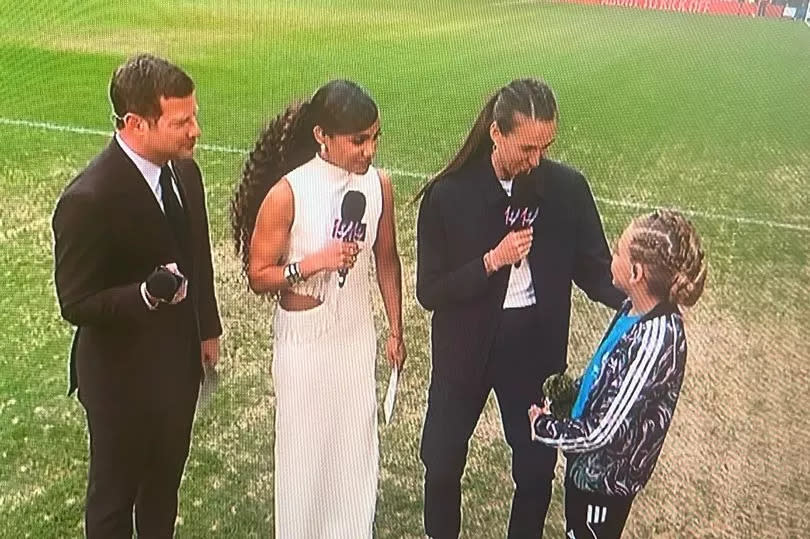 Nala from Gateshead with Soccer Aid's Dermot O'Leary, Alex Scott and Jill Scott