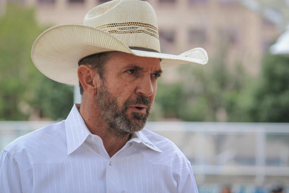 Couy Griffin speaks to supporters during a gun rights rally in Albuquerque, New Mexico, on Sept. 12, 2023. (Susan Montoya Bryan / AP file)