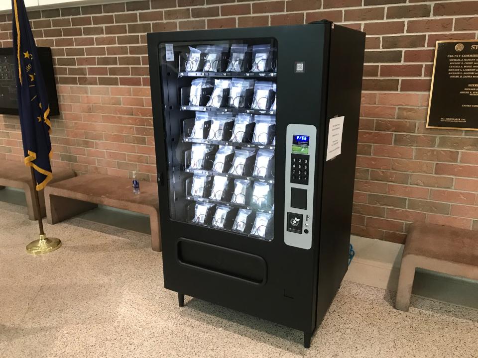 A naloxone vending machine is seen in the lobby of the St. Joseph County Jail in South Bend on Dec. 7, 2021. One like it soon will be installed in the Monroe County Jail lobby in Bloomington.