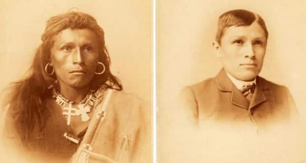 Navajo boy Tom Torlino, left, is shown when he entered the Carlisle Indian Industrial School in Pennsylvania in 1882. On the right is a photo of him as he appeared three years later. The U.S. cabinet minister who leads the federal department that ran U.S. assimilation schools has launched an investigation into their legacy. (U.S. Library of Congress  - image credit)