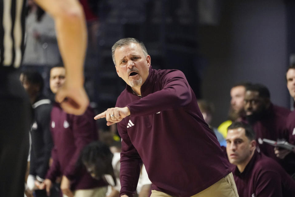 Mississippi State head coach Chris Jans calls out to an official during the first half of an NCAA college basketball game against Mississippi, Tuesday, Jan. 30, 2024, in Oxford, Miss. (AP Photo/Rogelio V. Solis)