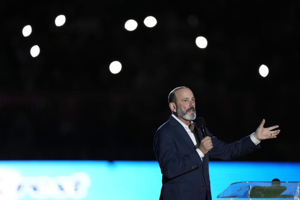 MLS Commissioner Don Garber speaks during a ceremony honoring Inter Miami's Lionel Messi's Ballon d'Or trophy, before Inter Miami's club friendly soccer match against New York City FC, Friday, Nov. 10, 2023, in Fort Lauderdale, Fla. (AP Photo/Lynne Sladky)