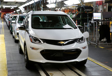 A Chevrolet Bolt EV vehicle is seen on the assembly line at General Motors Orion Assembly in Lake Orion, Michigan, U.S., March 19, 2018. REUTERS/Rebecca Cook/Files