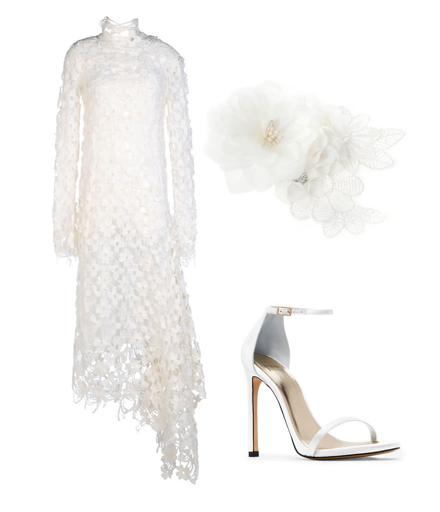 Translate Tracy Bond’s wedding look to 2015 with an asymmetrical take on her guipere lace jumpsuit.