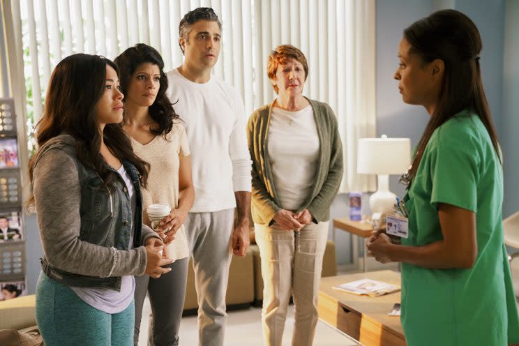 Gina Rodriguez as Jane, Andrea Navedo as Xo, Jaime Camil as Rogelio, and Ivonne Coll as Alba (Credit: Michael Desmond/The CW)