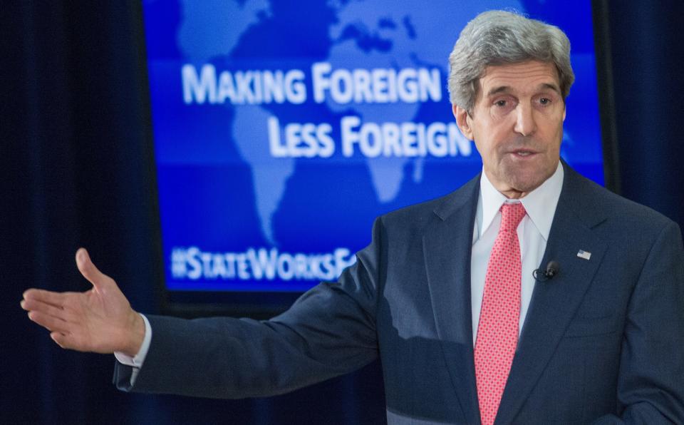 U.S. Secretary of State John Kerry delivers remarks as he hosts a town hall meeting with university students and delivers remarks on Making Foreign Policy Less Foreign at the State Department on March 18, 2014 in Washington. (Photo credit should read PAUL J. RICHARDS/AFP/Getty Images)