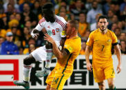 Football Soccer - Australia vs United Arab Emirates - 2018 World Cup Qualifying Asian Zone - Group B - Sydney Football Stadium, Sydney, Australia - 28/3/17 - Australia's James Troisi is tackled by UAE's Ahmed Barman. REUTERS/David Gray