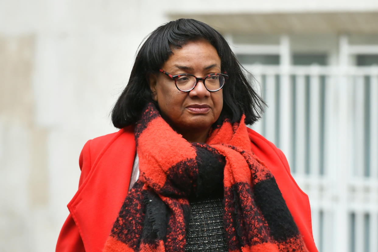 Shadow home secretary Diane Abbott arrives for a Labour clause V meeting on the manifesto at Savoy Place in London. (Photo by Dominc Lipinski/PA Images via Getty Images)