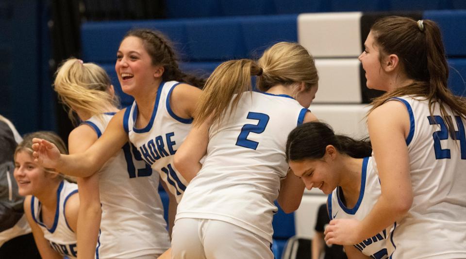 Shore’s bench celebrates as they take the lead in second half.  Shore Regional Girls Basketball defeats Ocean Top High School  in West Long Branch on January 12, 2023.