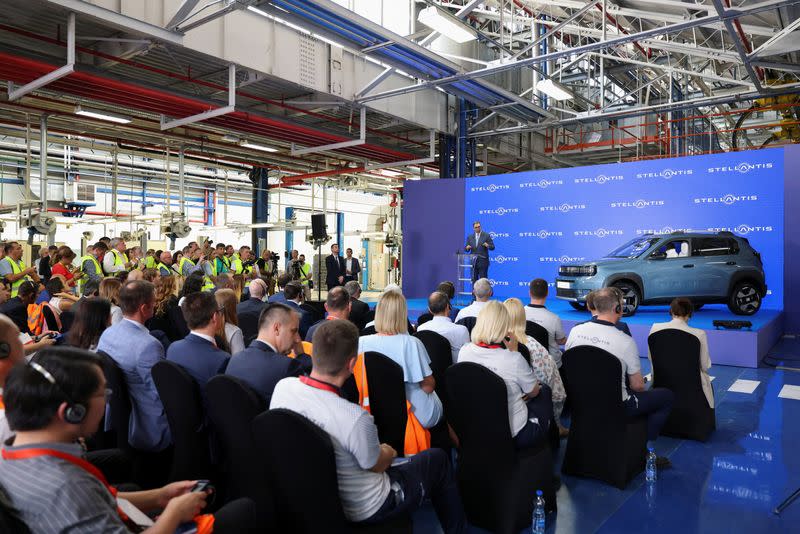 Serbian President Aleksandar Vucic speaks during a ceremony as Stellantis launches the production of Fiat Panda