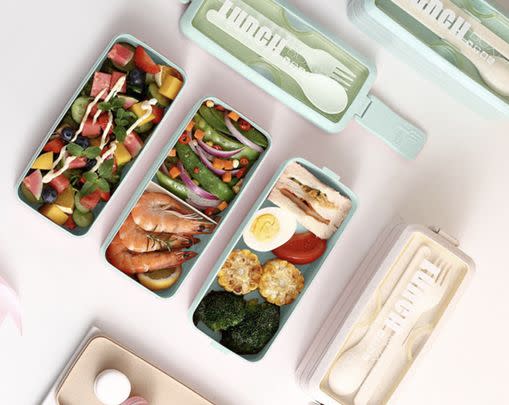 If you eat lunch on the go, you might want to consider this tiered bento box that even comes with its own cutlery.