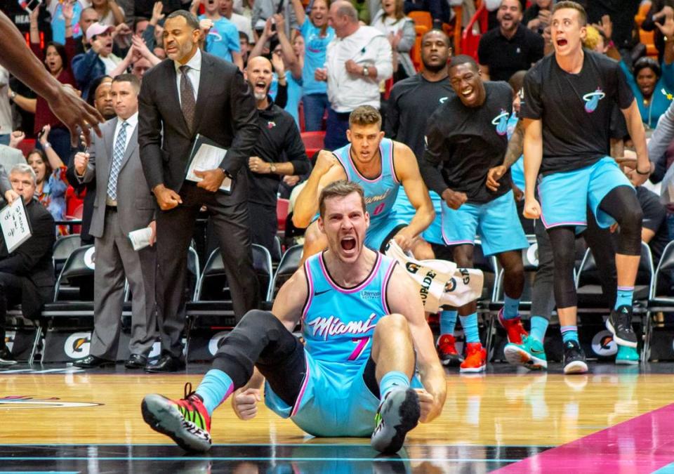 Miami Heat point guard Goran Dragic (7) reacts after scoring the basket and getting the foul during a game against the Philadelphia 76ers at then-AmericanAirlines Arena on Saturday, December 28, 2019.