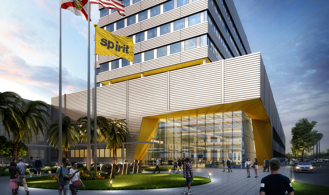 This is a Spirit Airlines’ rendering of its Dania Beach corporate campus the company said in 2019 it was building. Although the new home office remains under construction, its final fate is unclear.