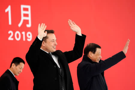 Tesla CEO Elon Musk and Shanghai's Mayor Ying Yong attend the Tesla Shanghai Gigafactory groundbreaking ceremony in Shanghai, China January 7, 2019. REUTERS/Aly Song