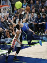 Dallas Mavericks forward Dwight Powell (7) attempts a shot as Portland Trail Blazers forward Hassan Whiteside (21) defends during the first half of an NBA basketball game Friday, Jan. 17, 2020, in Dallas. (AP Photo/Brandon Wade)