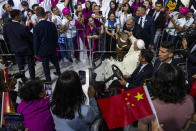 Pope Francis arrives to preside over a mass at the Steppe Arena in the Mongolian capital Ulaanbaatar, Sunday, Sept. 3, 2023. Francis is in Mongolia to minister to one of the world's smallest and newest Catholic communities. Neighboring China's crackdown on religious minorities has been a constant backdrop to the trip, even as the Vatican hopes to focus attention instead on Mongolia and its 1,450 Catholics. (AP Photo/Louise Delmotte)