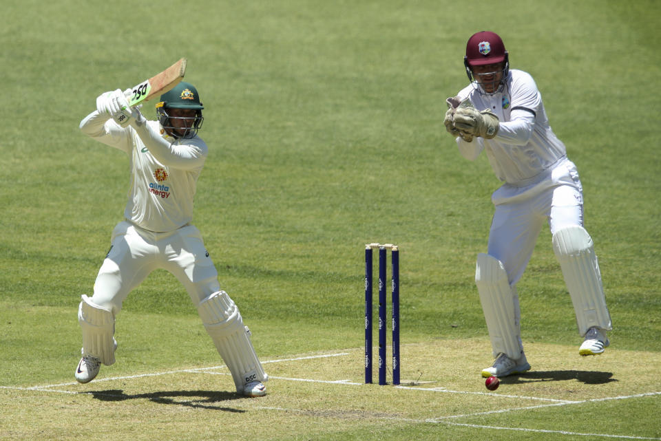 Australia's Usman Khawaja bats during play on the first day of the first cricket test between Australia and the West Indies in Perth, Australia, Wednesday, Nov. 30, 2022. (AP Photo/Gary Day)