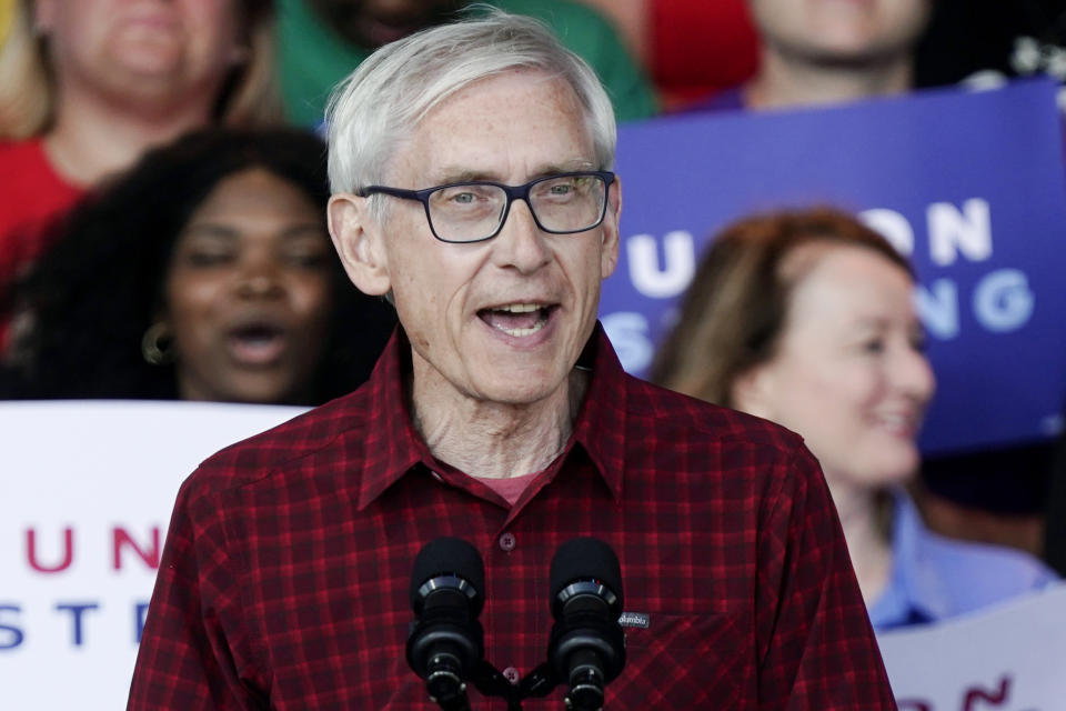 FILE - Wisconsin Gov. Tony Evers speaks during an event attended by President Joe Biden at Henry Maier Festival Park in Milwaukee on Sept. 5, 2022. Evers said Tuesday, Oct. 11, 2022, that he wouldn’t sign a bill that keeps in place the state’s 1849 ban on abortion but creates new exceptions for rape and incest. (AP Photo/Susan Walsh, File)