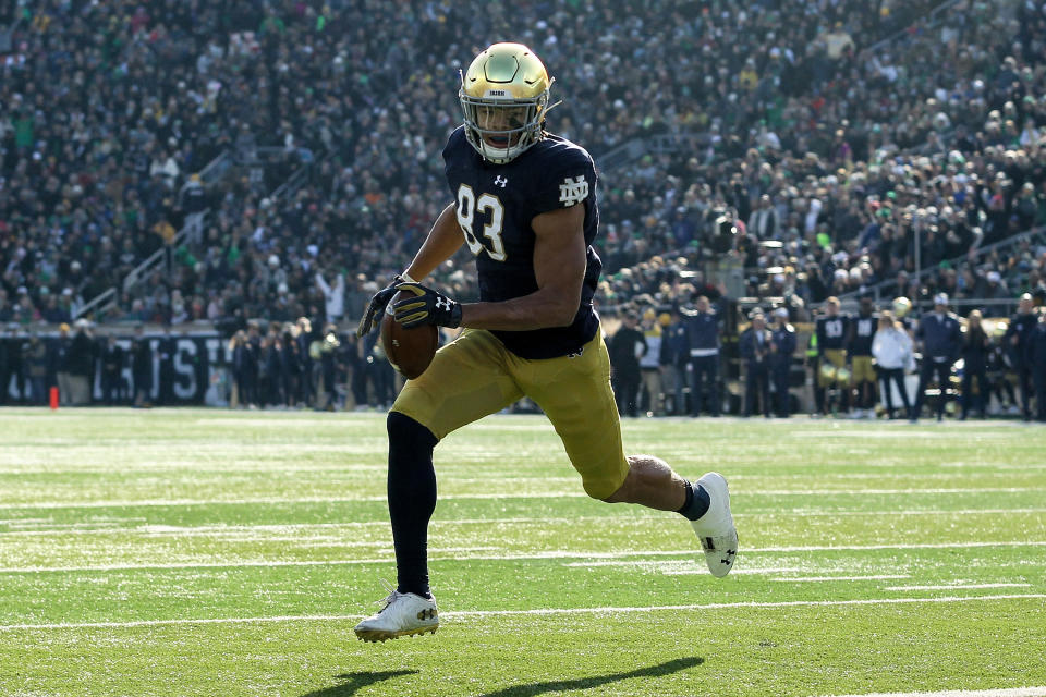 Notre Dame WR Chase Claypool scoring one of his four TDs against Navy. (Photo by Dylan Buell/Getty Images)