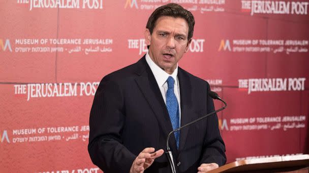 PHOTO: Florida Gov. Ron DeSantis speaks during a press conference at the Museum of Tolerance, April 27, 2023, in Jerusalem, Israel. (Amir Levy/Getty Images)